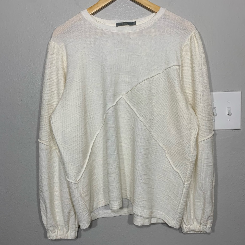 Teti Gio Cream Semi-Sheer Textured Knit Top Bishop Sleeve Lagenlook Size Large
